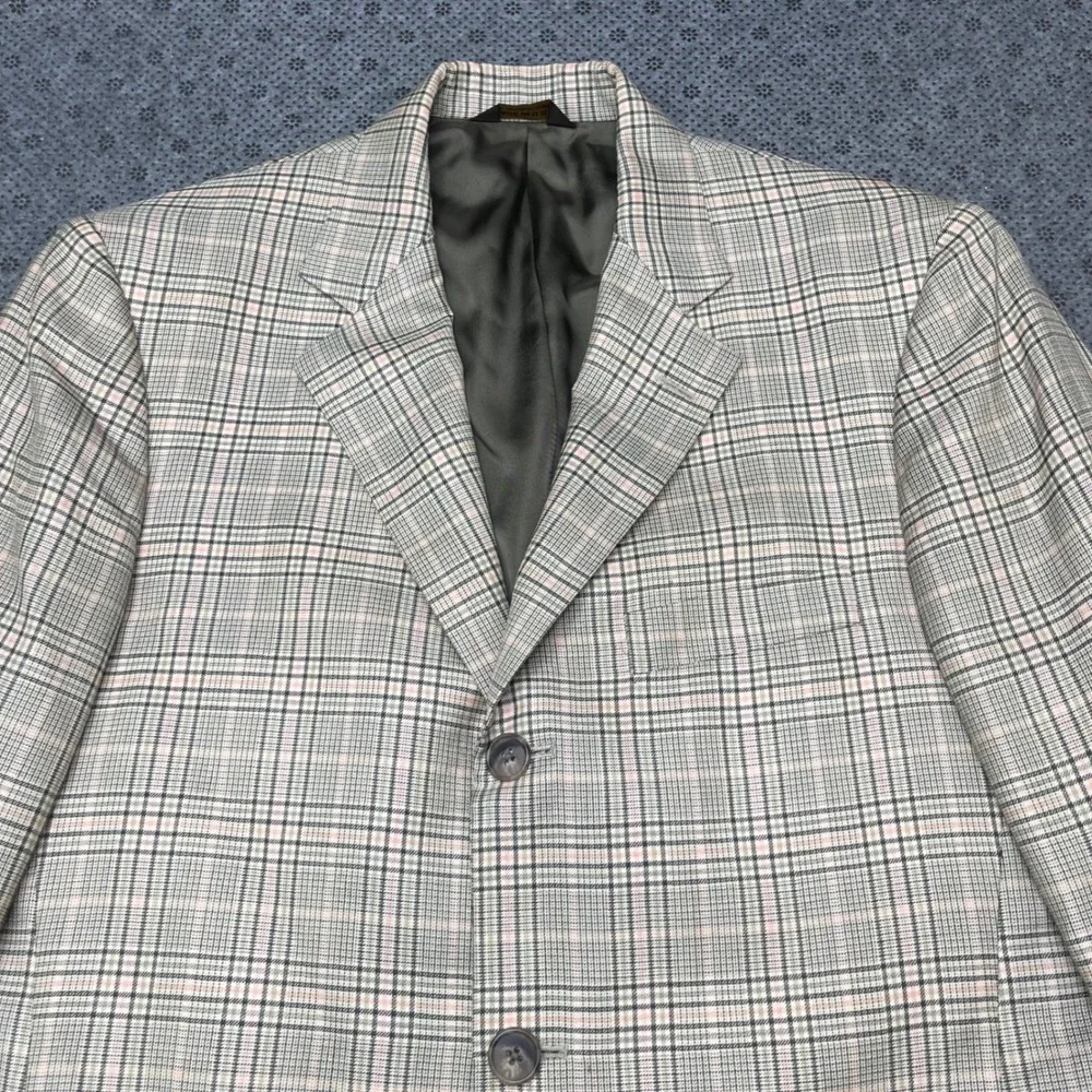 Vintage Southwick Mens 40R Blazer Glen Plaid Sport Coat Grey Tan Pink Made USA